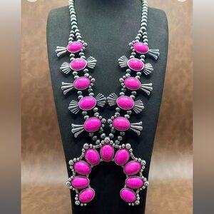 New! Western Boho Squash Blossom Naja Statement Pink Turquoise & Silver Necklace